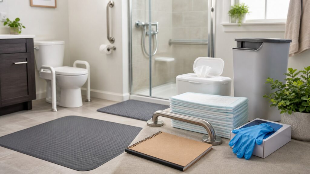generic incontinence and hygiene care products with folded pads, wipes, gloves, waterproof mat, storage basket, and notebook