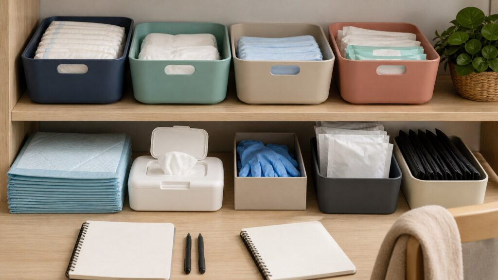 generic incontinence and hygiene care products with folded pads, wipes, gloves, waterproof mat, storage basket, and notebook