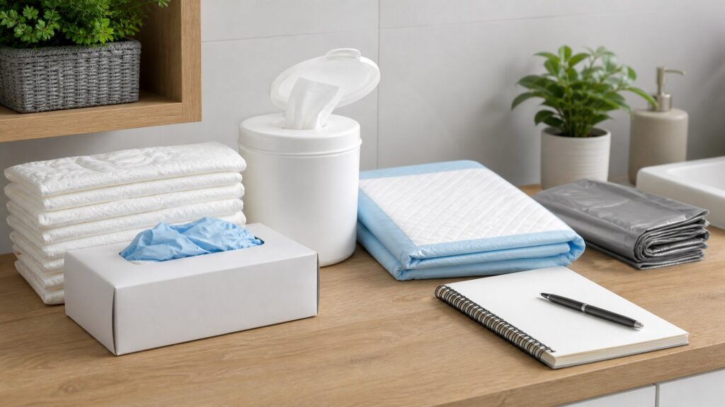 generic incontinence and hygiene care products with folded pads, wipes, gloves, waterproof mat, storage basket, and notebook