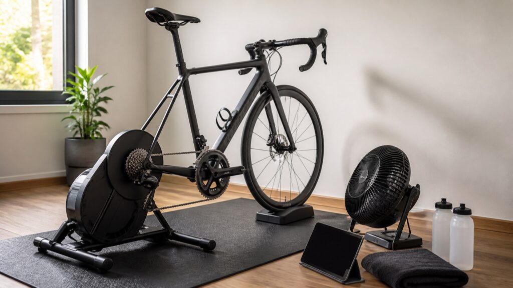 indoor bike trainers for road riding arranged in a practical buyer guide scene