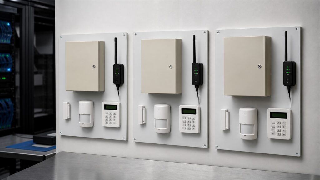 unbranded commercial alarm panel, door sensors, motion detectors, keypad with blank display, and neat wiring in a secure office for a multi-site security buying decision