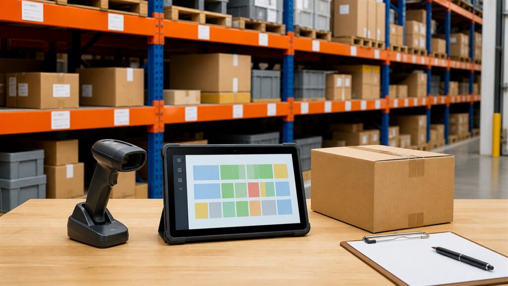 unbranded warehouse inventory workstation with barcode scanner, blank inventory dashboard, organized cartons, shelf bins, and handheld terminal for a inventory control buying decision