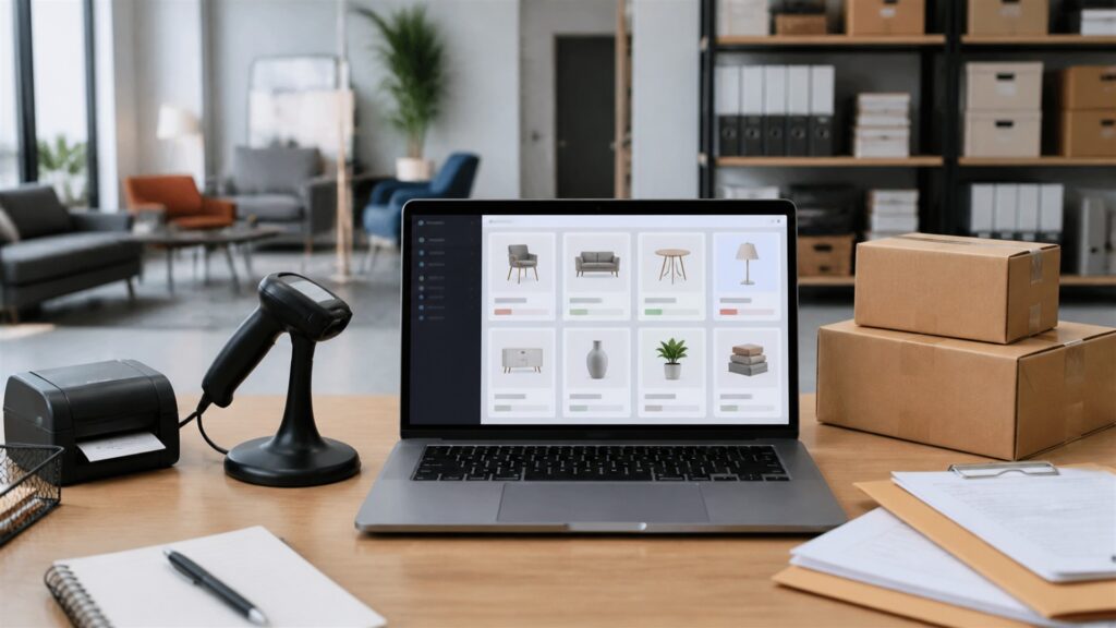 unbranded warehouse inventory workstation with barcode scanner, blank inventory dashboard, organized cartons, shelf bins, and handheld terminal for a sales teams buying decision