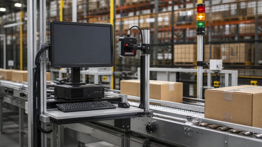 unbranded warehouse inventory workstation with barcode scanner, blank inventory dashboard, organized cartons, shelf bins, and handheld terminal for a workflow automation buying decision