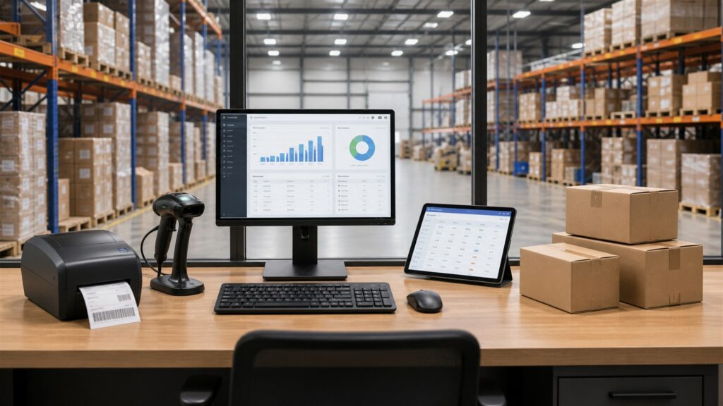 unbranded warehouse inventory workstation with barcode scanner, blank inventory dashboard, organized cartons, shelf bins, and handheld terminal for a general selection buying decision