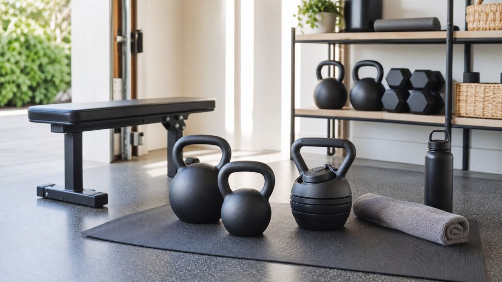 kettlebells for home strength training arranged in a practical buyer guide scene