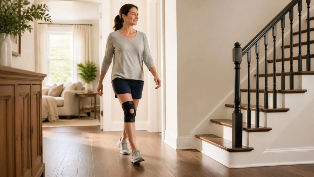 Unbranded knee braces arranged to compare compatibility with clothing and thigh and calf measurement range
