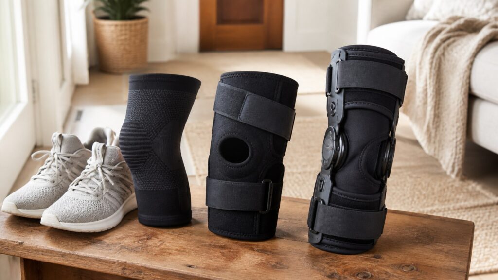 Unbranded knee braces arranged to compare strap sequence and range-of-motion stops