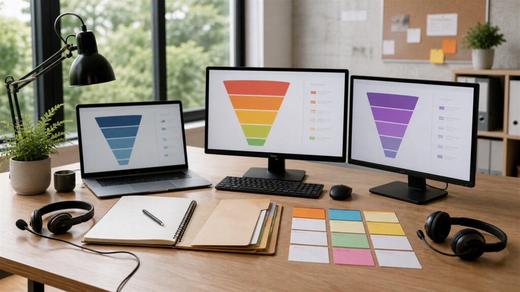 unbranded lead operations desk with blank funnel dashboard, form cards, CRM handoff board, headset, and source tracking tiles for a agency workflows buying decision