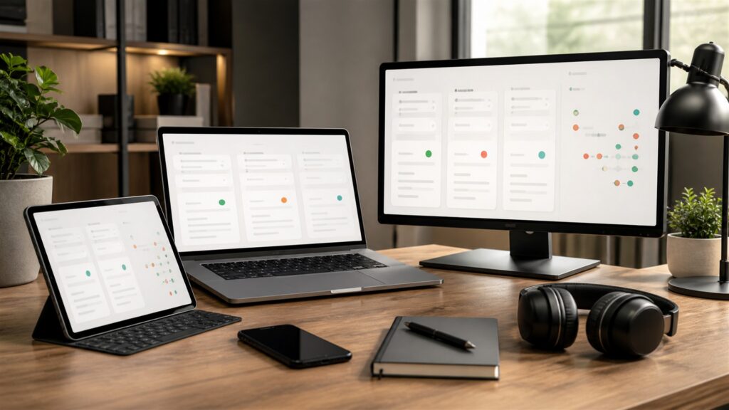 unbranded lead operations desk with blank funnel dashboard, form cards, CRM handoff board, headset, and source tracking tiles for a lead generation buying decision