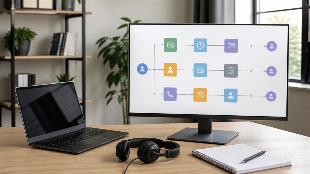 unbranded lead operations desk with blank funnel dashboard, form cards, CRM handoff board, headset, and source tracking tiles for a sales pipelines buying decision
