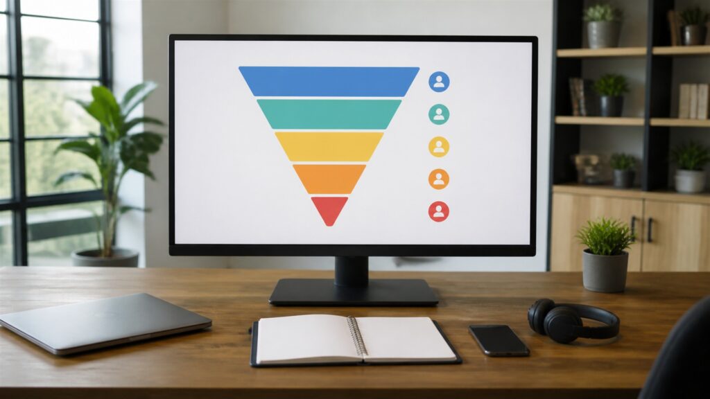 unbranded lead operations desk with blank funnel dashboard, form cards, CRM handoff board, headset, and source tracking tiles for a general selection buying decision