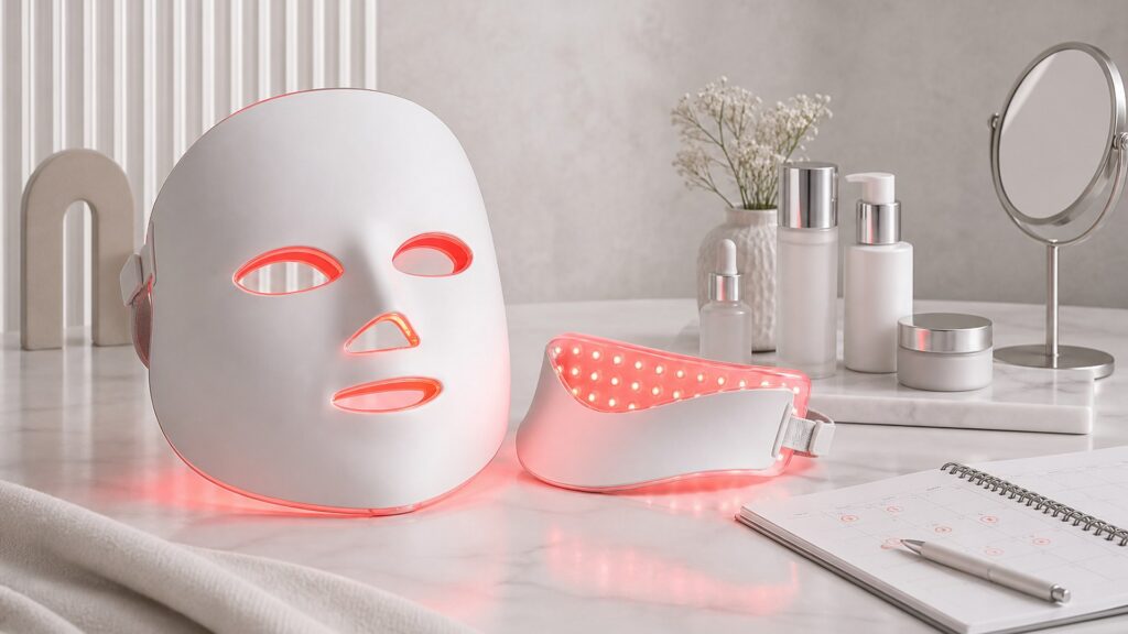Unbranded editorial arrangement for LED light therapy devices for appearance-focused routines