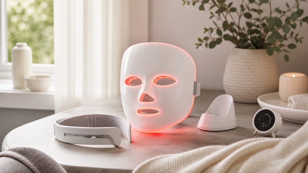 Unbranded editorial arrangement for LED light therapy devices for home treatment sessions