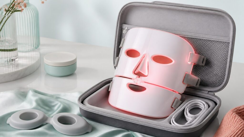Unbranded editorial arrangement for LED light therapy devices for travel