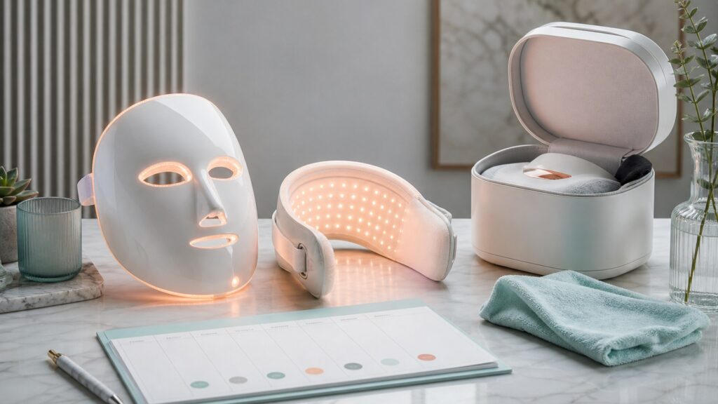 Unbranded editorial arrangement for LED light therapy devices for weekly skincare