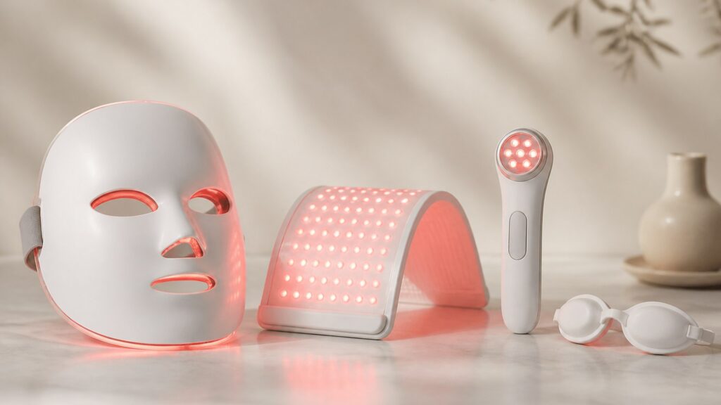 Unbranded editorial arrangement for LED light therapy devices for general selection