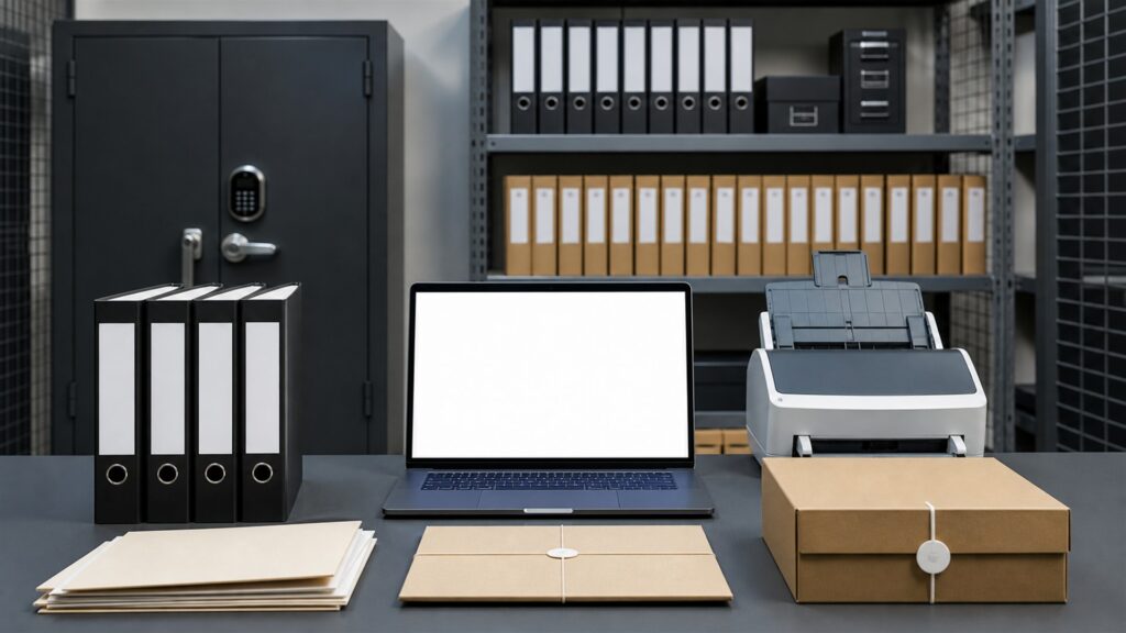 unbranded legal review workspace with organized contract folders, blank laptop screen, document scanner, secure case file box, and neutral office setting for a compliance needs buying decision