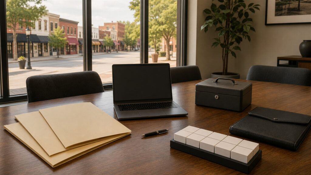 unbranded legal review workspace with organized contract folders, blank laptop screen, document scanner, secure case file box, and neutral office setting for a local businesses buying decision