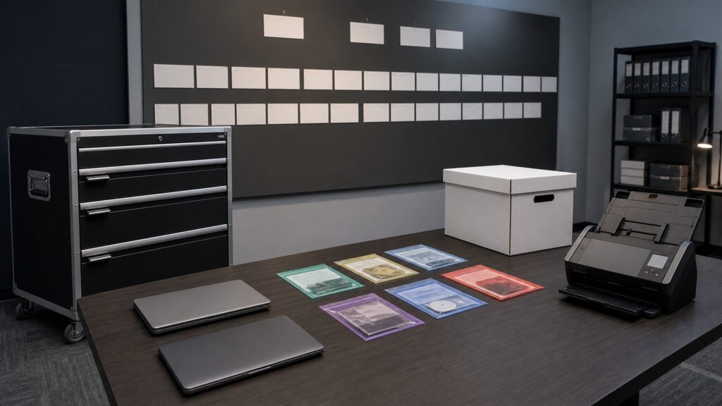 unbranded legal review workspace with organized contract folders, blank laptop screen, document scanner, secure case file box, and neutral office setting for a specialized projects buying decision