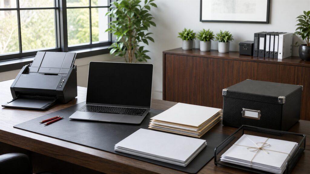 unbranded legal review workspace with organized contract folders, blank laptop screen, document scanner, secure case file box, and neutral office setting for a general selection buying decision