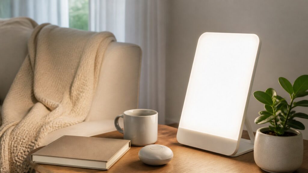 generic light therapy device on a desk with a blank timer, notebook, plant, and unbranded accessories