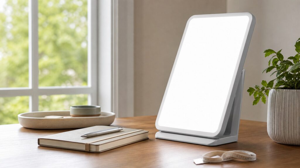 generic light therapy device on a desk with a blank timer, notebook, plant, and unbranded accessories