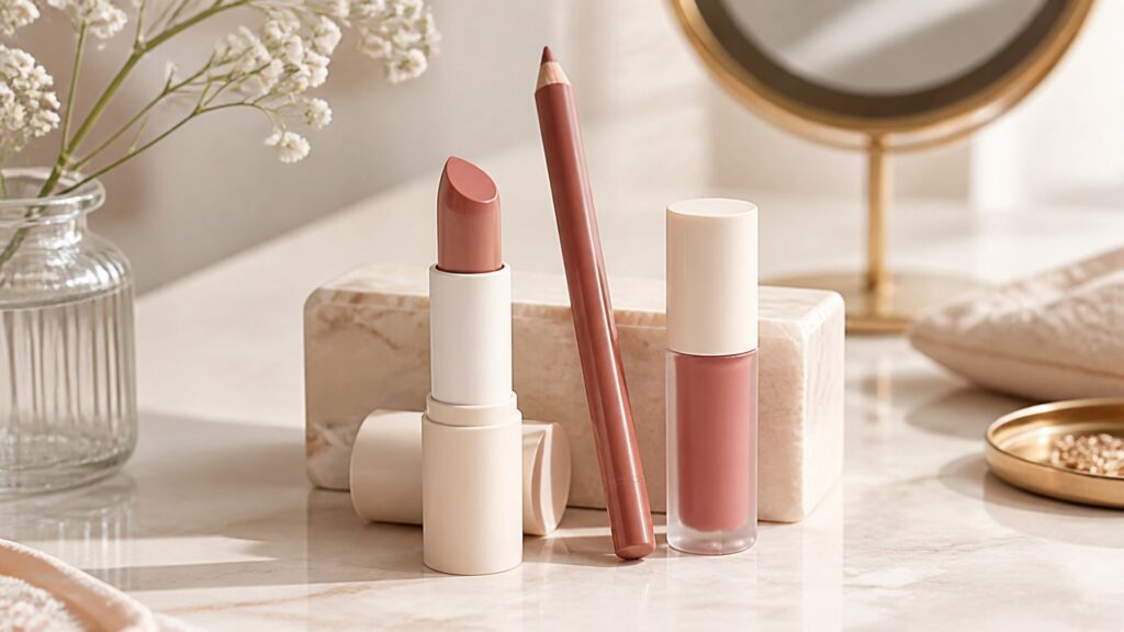Unbranded editorial arrangement illustrating Lip Makeup Buying Guide for Everyday Makeup