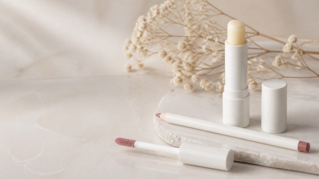 Unbranded editorial arrangement illustrating Lip Makeup Buying Guide for Sensitive Skin