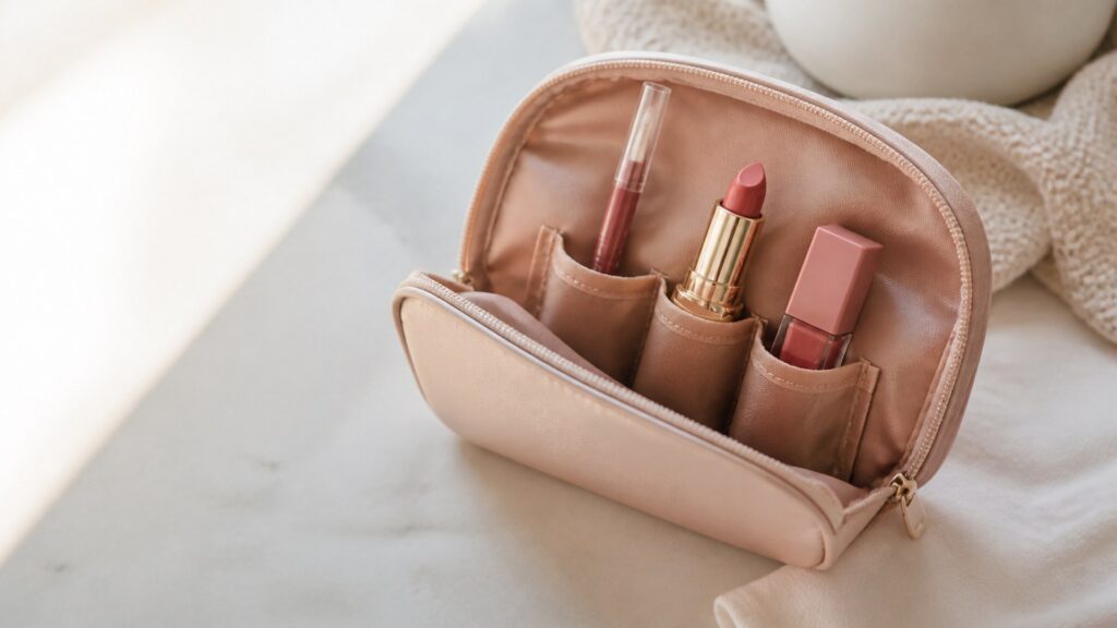 Unbranded editorial arrangement illustrating Lip Makeup Buying Guide for Travel Bags