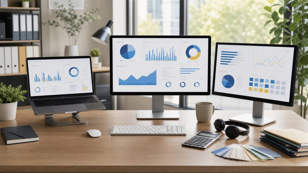 unbranded marketing analytics office with blank multichannel charts, campaign tiles, data hub, notebook, and reporting monitor for a agency workflows buying decision