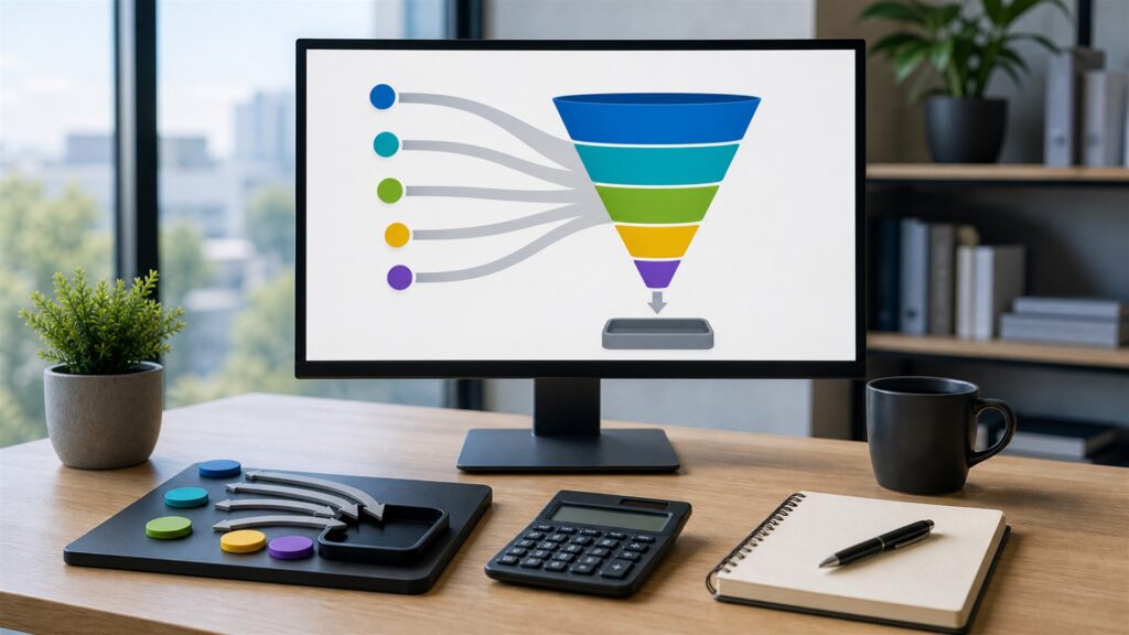 unbranded marketing analytics office with blank multichannel charts, campaign tiles, data hub, notebook, and reporting monitor for a lead generation buying decision