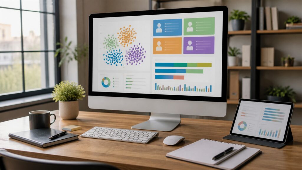 unbranded marketing analytics office with blank multichannel charts, campaign tiles, data hub, notebook, and reporting monitor for a small teams buying decision