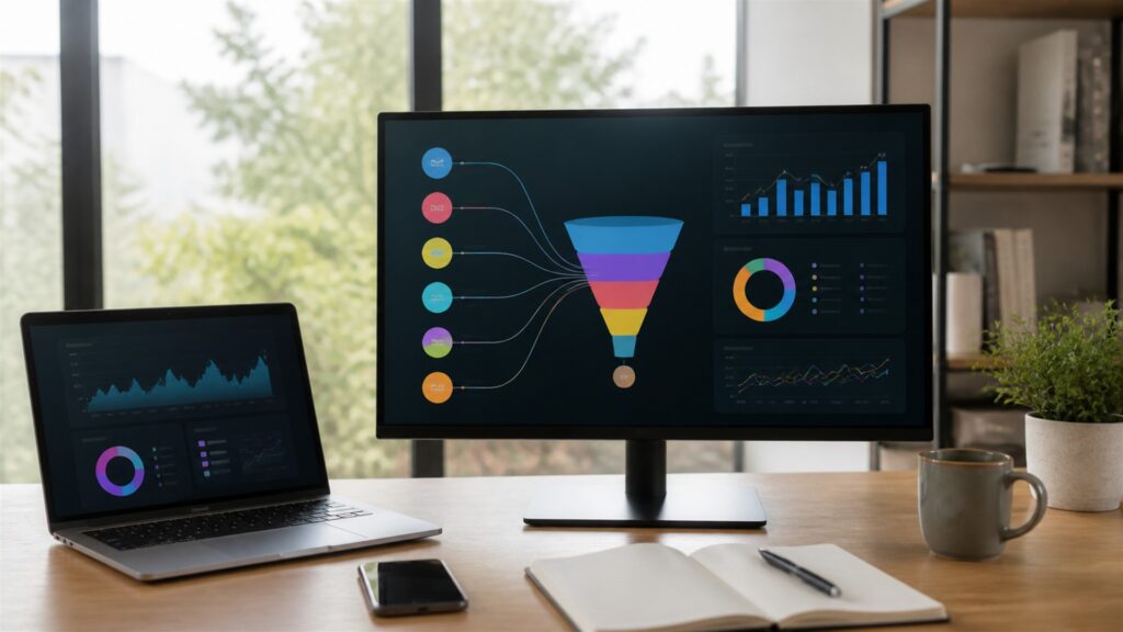 unbranded marketing analytics office with blank multichannel charts, campaign tiles, data hub, notebook, and reporting monitor for a general selection buying decision
