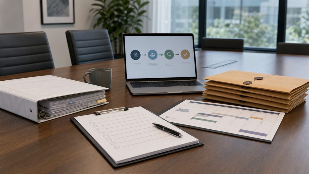 unbranded marketing planning table with color swatches, camera, blank analytics laptop, campaign cards, and organized creative materials for a compliance needs buying decision