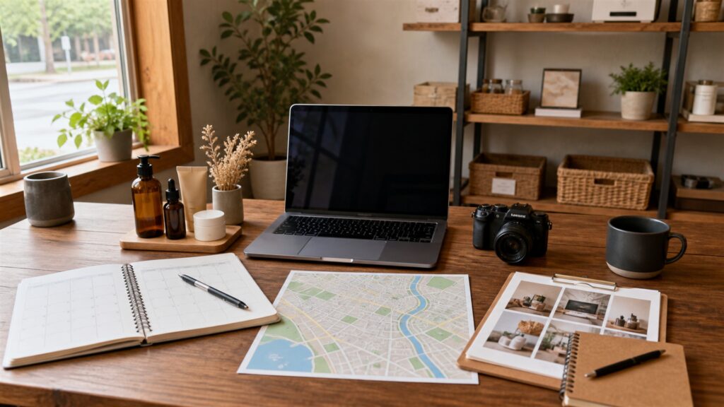 unbranded marketing planning table with color swatches, camera, blank analytics laptop, campaign cards, and organized creative materials for a local businesses buying decision