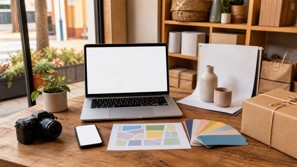 unbranded marketing planning table with color swatches, camera, blank analytics laptop, campaign cards, and organized creative materials for a small businesses buying decision