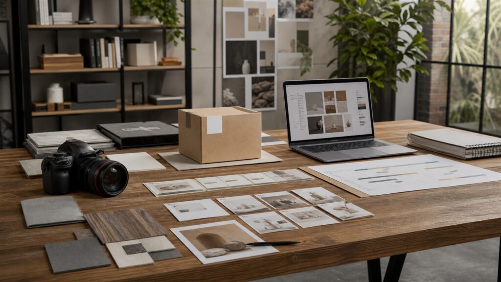 unbranded marketing planning table with color swatches, camera, blank analytics laptop, campaign cards, and organized creative materials for a specialized projects buying decision