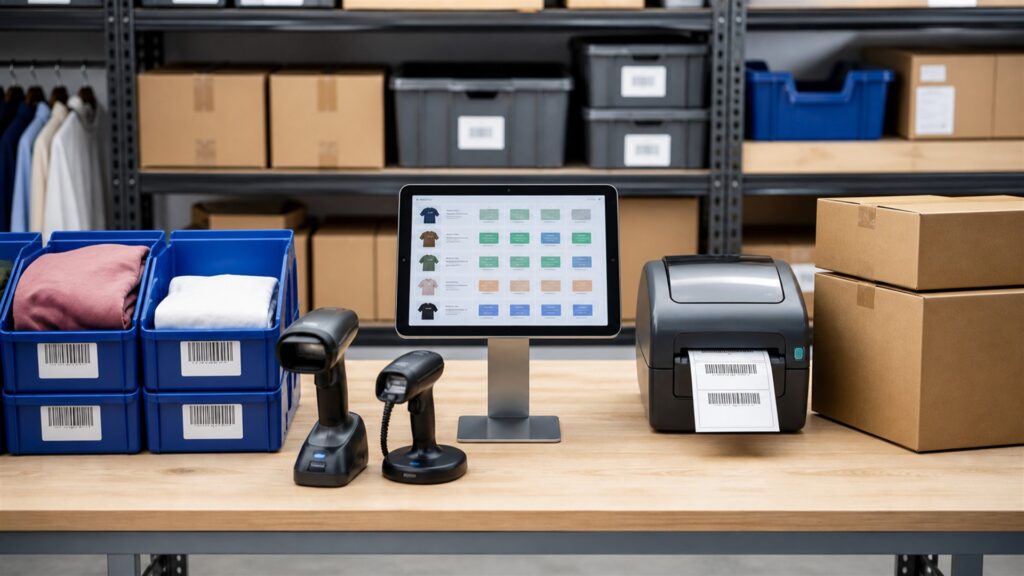 unbranded ecommerce operations desk with blank marketplace dashboards, shipping cartons, barcode scanner, product samples, and organized order station for a inventory syncing buying decision