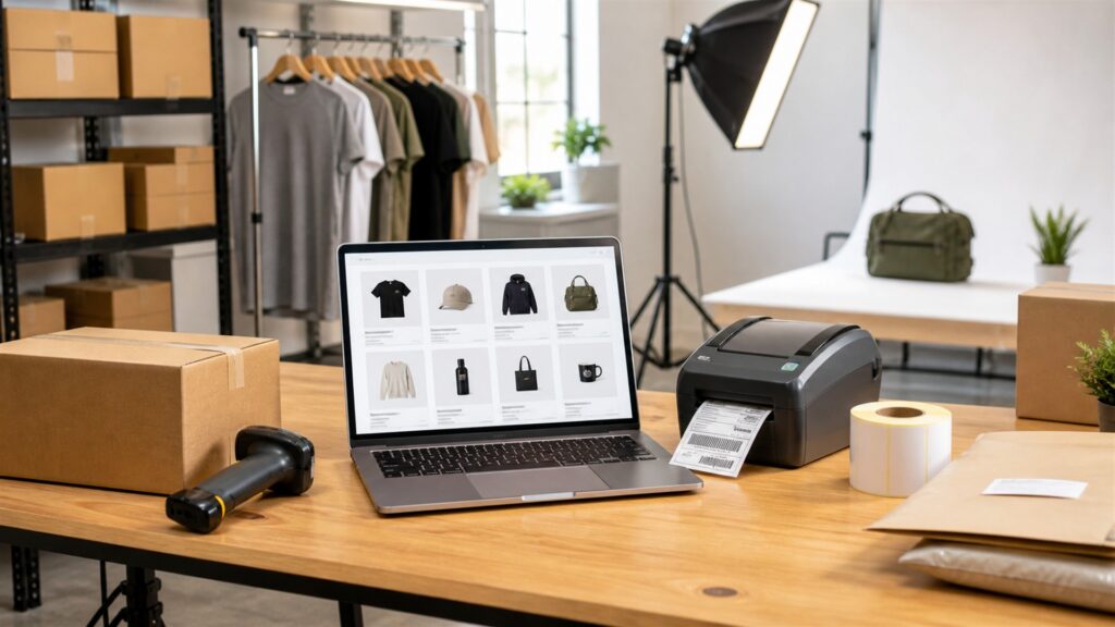 unbranded ecommerce operations desk with blank marketplace dashboards, shipping cartons, barcode scanner, product samples, and organized order station for a new brands buying decision