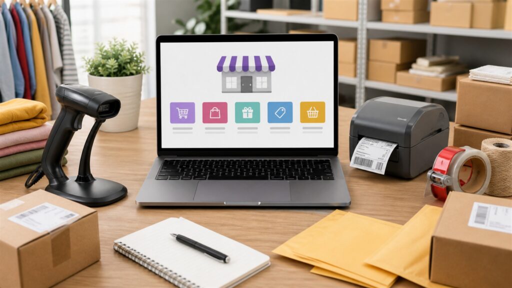 unbranded ecommerce operations desk with blank marketplace dashboards, shipping cartons, barcode scanner, product samples, and organized order station for a online stores buying decision