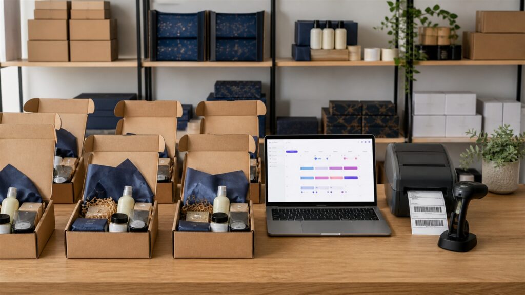 unbranded ecommerce operations desk with blank marketplace dashboards, shipping cartons, barcode scanner, product samples, and organized order station for a subscription products buying decision