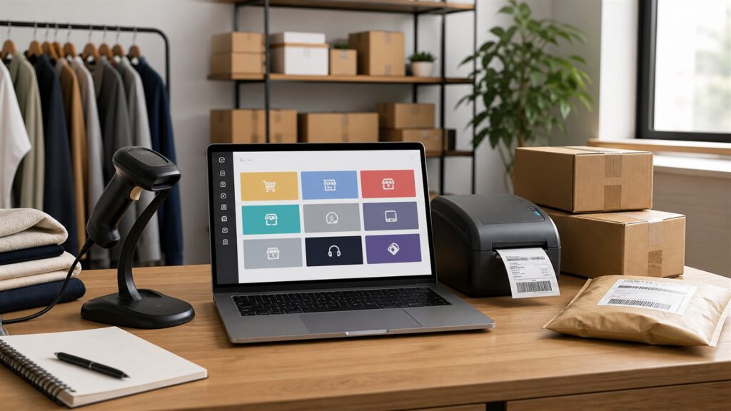unbranded ecommerce operations desk with blank marketplace dashboards, shipping cartons, barcode scanner, product samples, and organized order station for a general selection buying decision