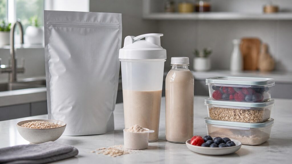 Unbranded meal replacement nutrition products arranged for a careful buying comparison