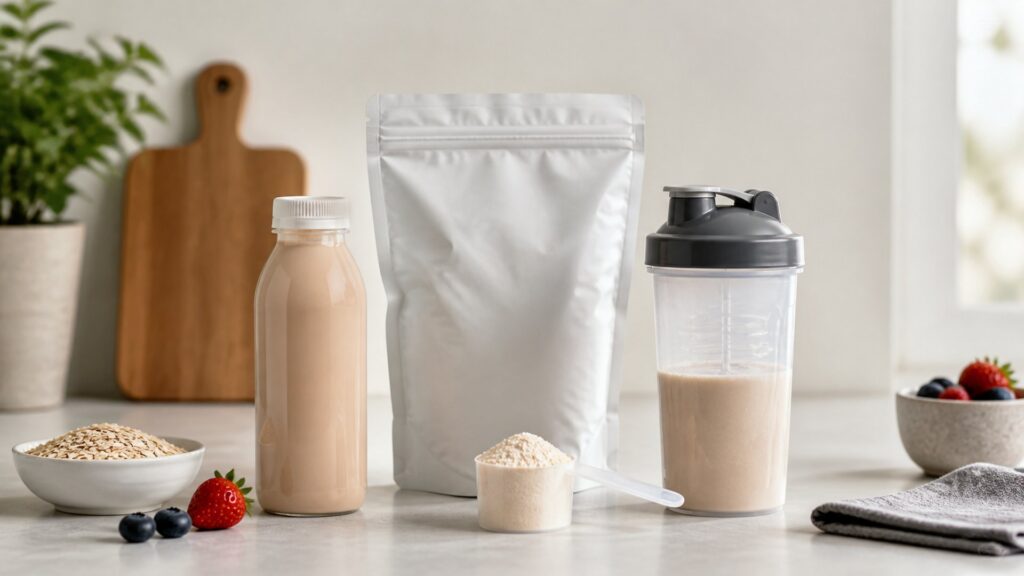 Unbranded meal replacement nutrition products arranged for a careful buying comparison