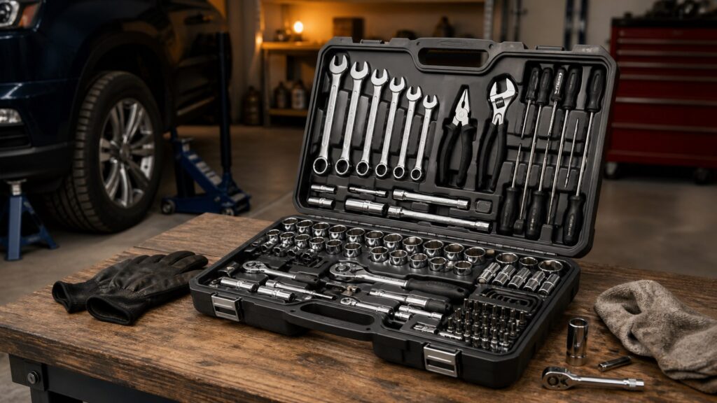 mechanics tool kits shopping setup for diy repair planning with practical vehicle-focused details