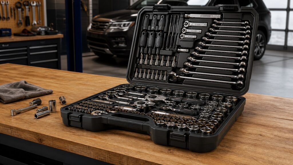 mechanics tool kits shopping setup for home garage workflows with practical vehicle-focused details