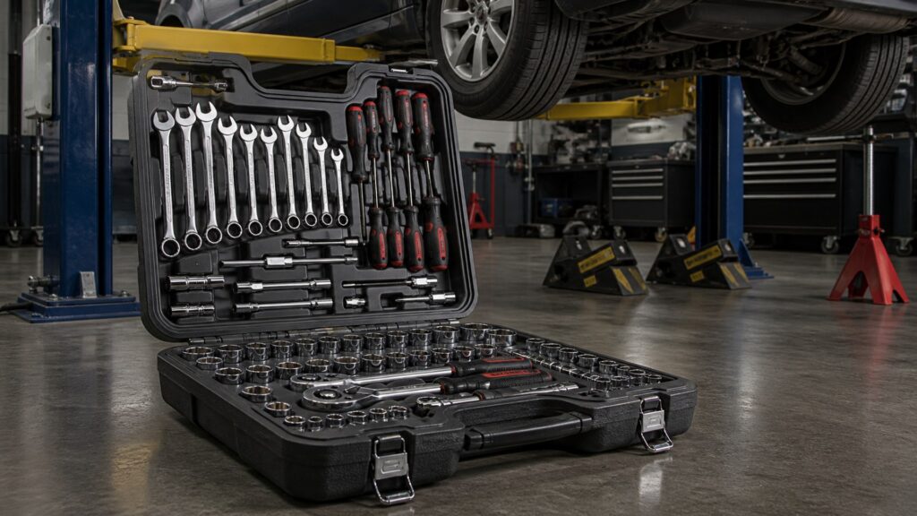 mechanics tool kits shopping setup for lift and safety requirements with practical vehicle-focused details