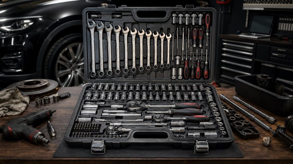 mechanics tool kits shopping setup for overall selection with practical vehicle-focused details
