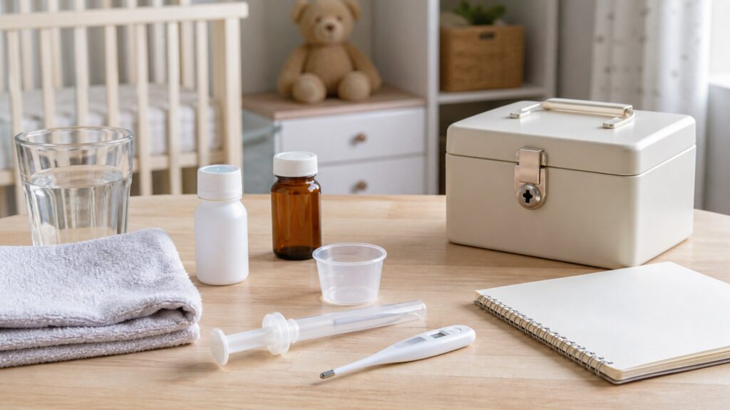 generic medication management products with pill organizer, blank reminder device, blank medicine bottles, water glass, and notebook